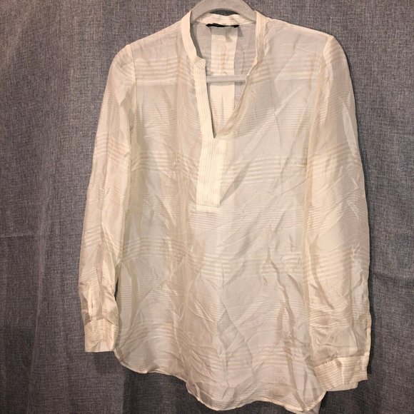 lafayette 148 silk blend semi sheer khaki cream striped tunic top P - Picture 1 of 3